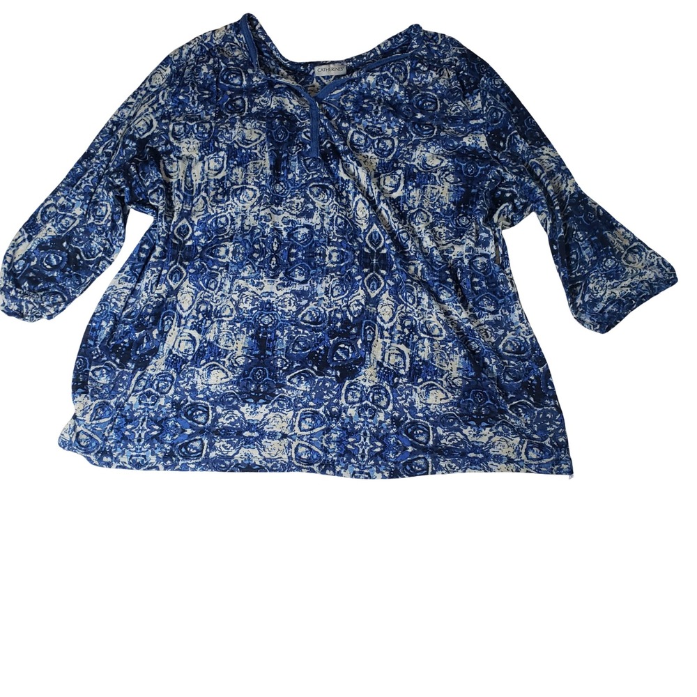 Catherines Blue White Abstract Print 3/4 Sleeve Split Neck Blouse Plus Size 3X